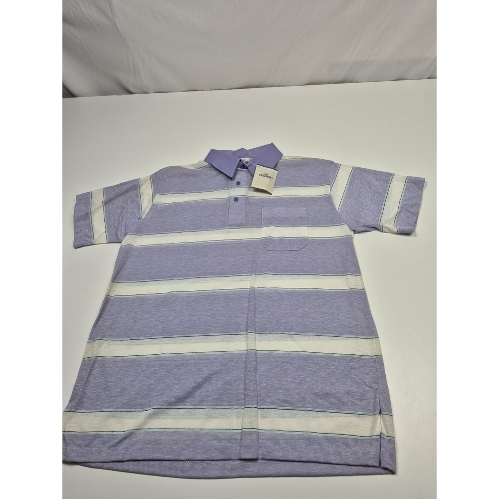 VTG J.J. Cochran Polo Shirt Men's L Purple Striped Pocket Knit Made USA Casual